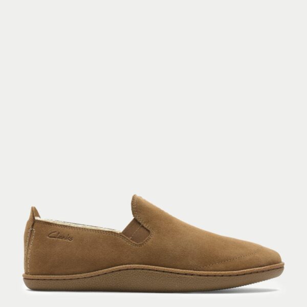 Clarks Men's Suede Faux Fur Lined Moccasin Slippers - 7 - Tan, Navy,Tan