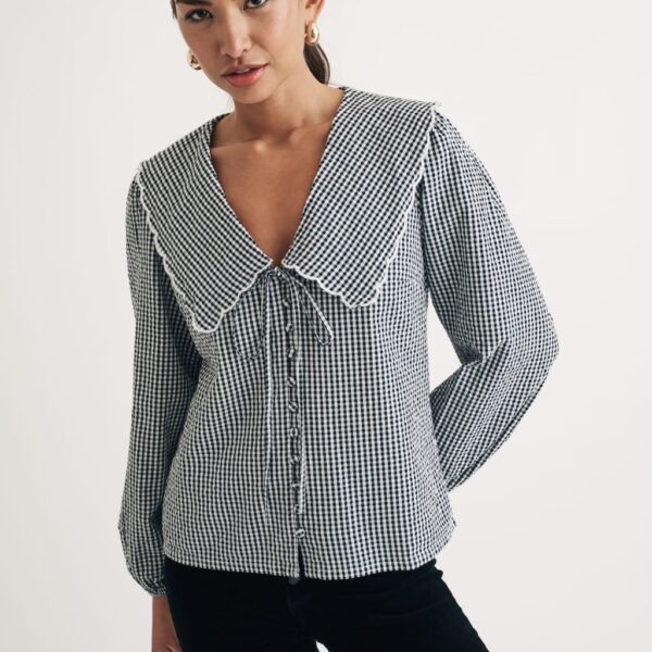 Nobody's Child Women's Pure Cotton Checked Collared Blouse - 8 - Dark Grey Mix, Dark Grey Mix