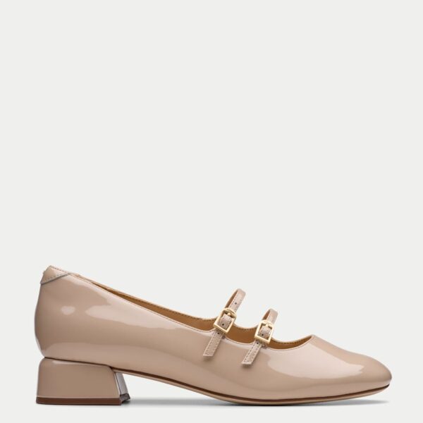Clarks Women's Leather Patent Block Heel Court Shoes - 5 - Beige, Black Patent,Beige