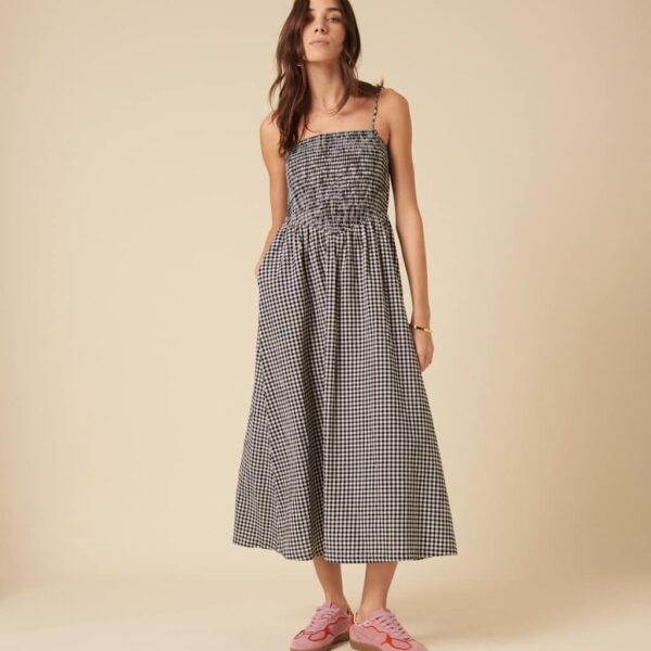 Nobody's Child Women's Pure Cotton Gingham Square Neck Strappy Midi Shirred Dress - 14 - Black Mix, Black Mix
