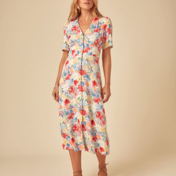 Nobody's Child Women's Floral V-Neck Midi Waisted Dress - 12REG - Blue Mix, Blue Mix