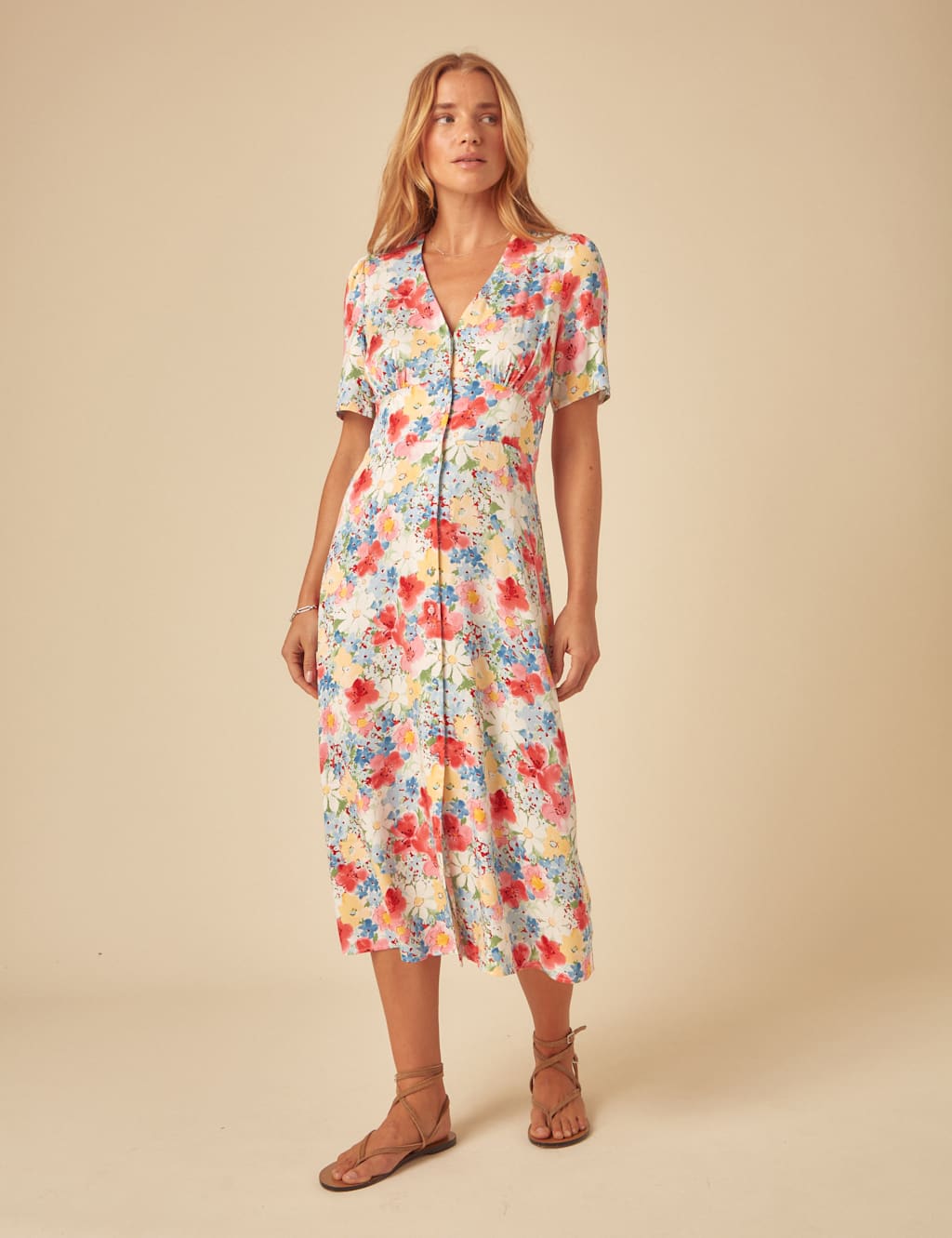 Nobody's Child Women's Floral V-Neck Midi Waisted Dress - 12REG - Blue Mix, Blue Mix