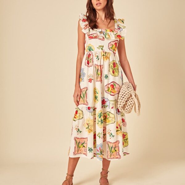Nobody's Child Women's Pure Cotton Fruit Tea Print Midi Tiered Dress - 12PET - Multi, Multi