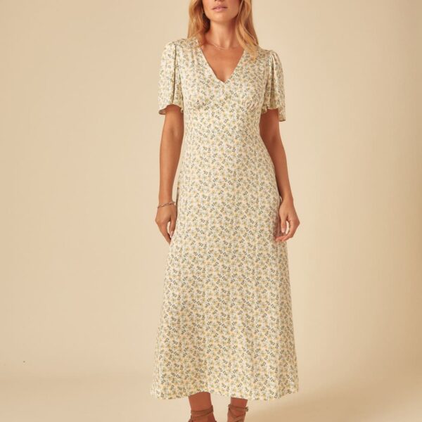 Nobody's Child Women's Floral V-Neck Tie Waist Midaxi Tea Dress - 12REG - Green Mix, Green Mix