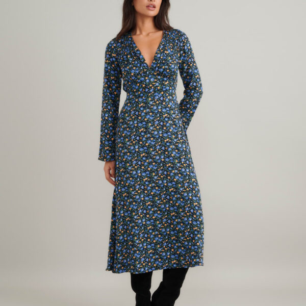 Nobody's Child Women's Floral V-Neck Midi Tea Dress - 12 - Black Mix, Black Mix