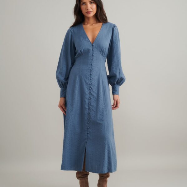 Nobody's Child Women's Pure Cotton V-Neck Midaxi Relaxed Tea Dress - 14 - Blue, Blue