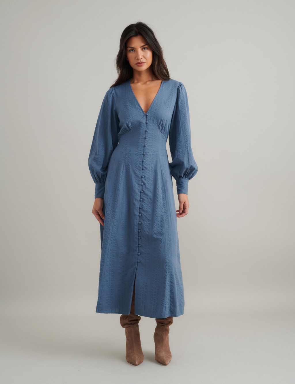 Nobody's Child Women's Pure Cotton V-Neck Midaxi Relaxed Tea Dress - 14 - Blue, Blue