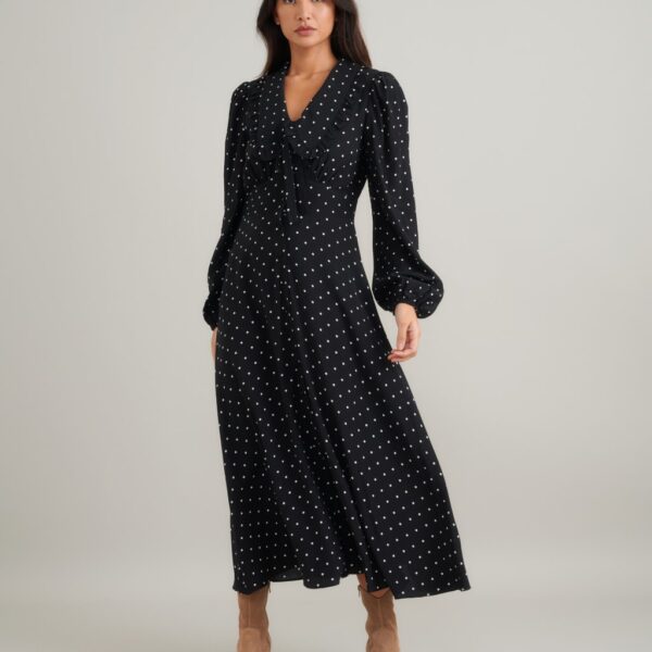 Nobody's Child Women's Polka Dot Blouson Sleeve Midi Tea Dress - 16 - Black Mix, Black Mix