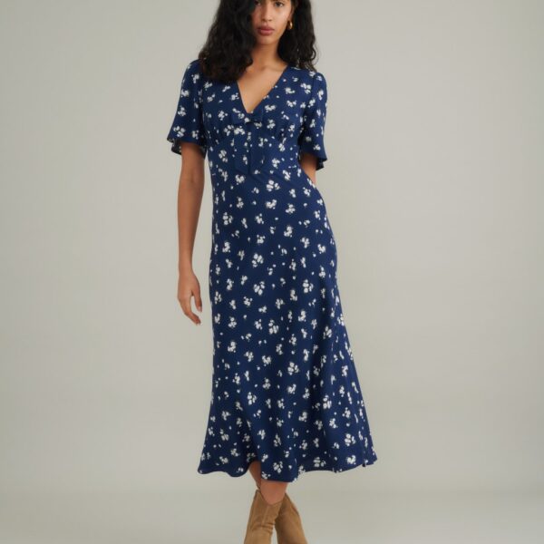 Nobody's Child Women's Floral V-Neck Midi Tea Dress - 12REG - Navy Mix, Navy Mix