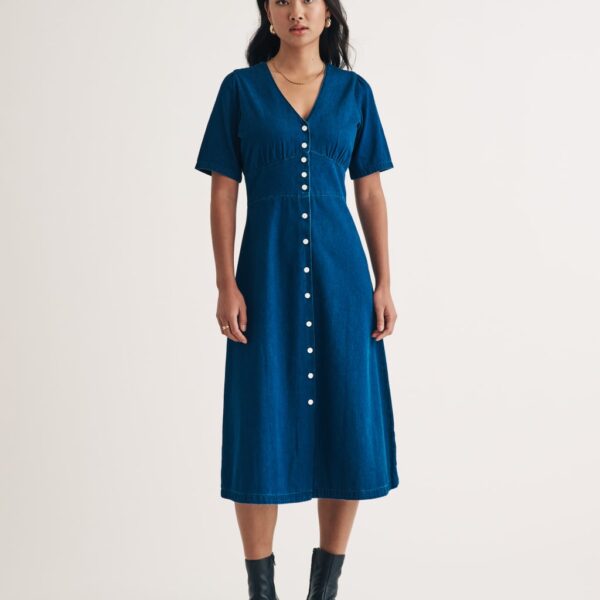 Nobody's Child Women's Denim V-Neck Midi Tea Dress - 6 - Blue, Blue