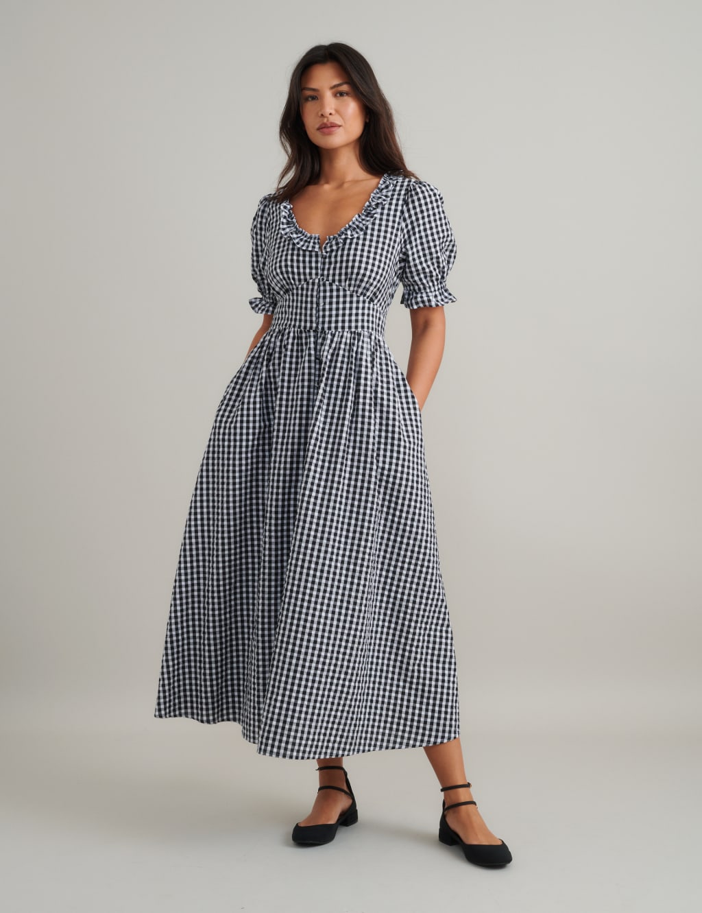 Nobody's Child Women's Pure Cotton Gingham Scoop Neck Midaxi Dress - 12 - Black Mix, Black Mix