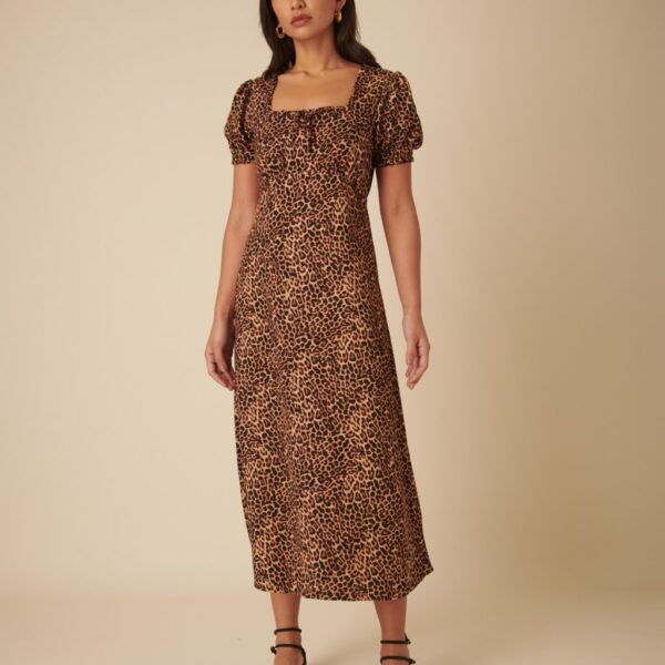 Nobody's Child Women's Leopard Print Square Neck Midi Tea Dress - 12REG - Brown Mix, Brown Mix