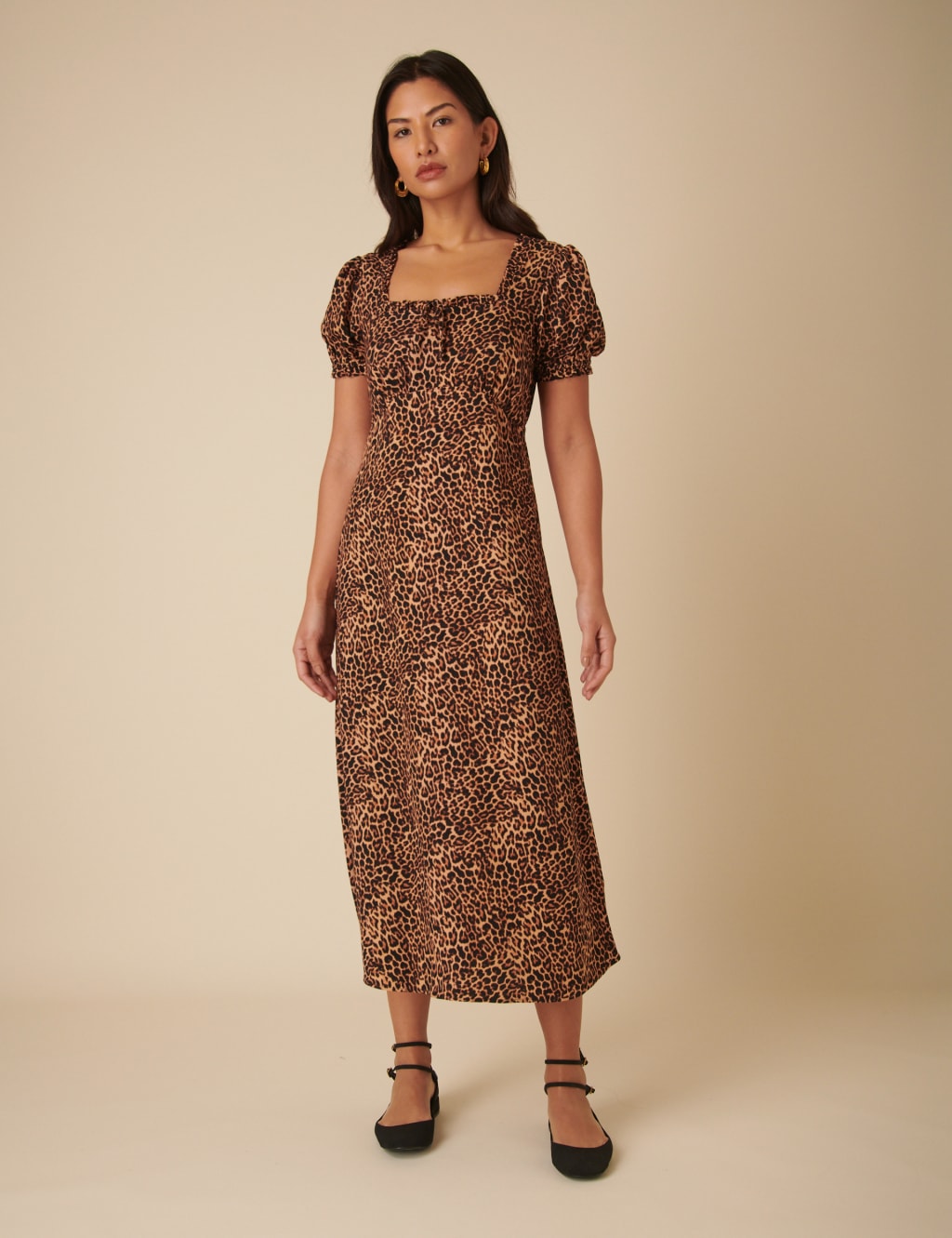 Nobody's Child Women's Leopard Print Square Neck Midi Tea Dress - 12REG - Brown Mix, Brown Mix