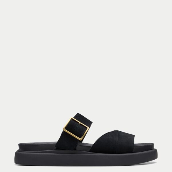 Clarks Women's Suede Buckle Flatform Mules - 6 - Black, Beige,Black