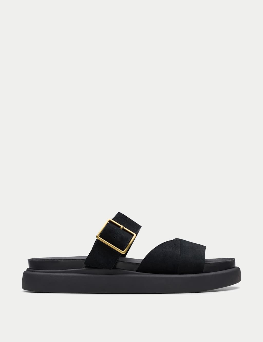 Clarks Women's Suede Buckle Flatform Mules - 6 - Black, Beige,Black