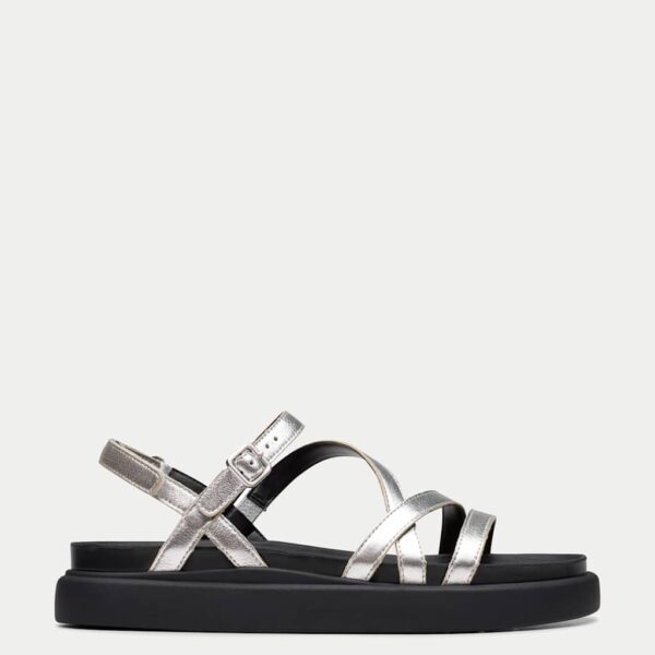 Clarks Women's Leather Strappy Flatform Sandals - 6 - Silver, Black,Silver