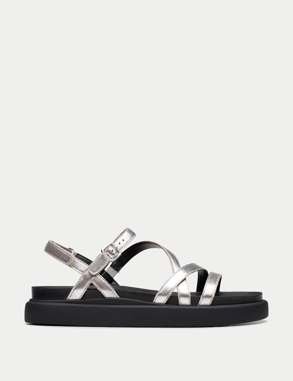 Clarks Women's Leather Strappy Flatform Sandals - 6 - Silver, Black,Silver