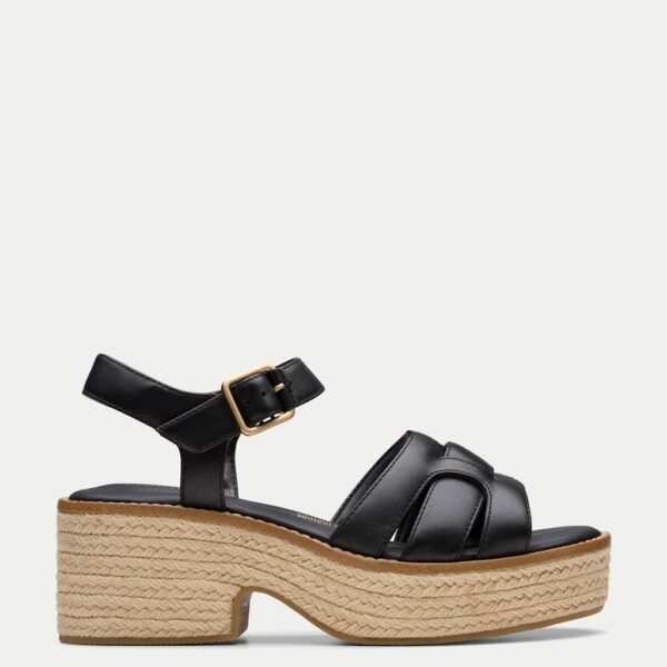 Clarks Women's Leather Wedge Heel Espadrille Sandals - 5.5 - Black, Black,Tan