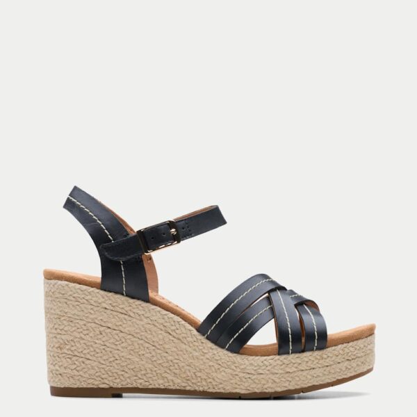 Clarks Women's Leather Strappy Wedge Espadrille Sandals - 6 - Black, Black,Gold