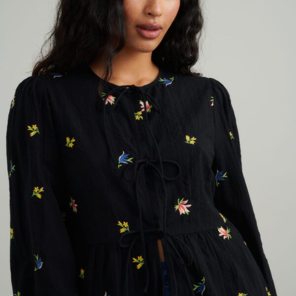 Nobody's Child Women's Pure Cotton Embroidered Tie Front Blouse - 12 - Black Mix, Black Mix