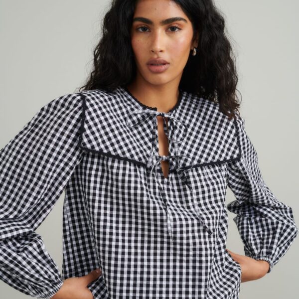 Nobody's Child Women's Pure Cotton Checked Blouse - 12 - Black Mix, Black Mix