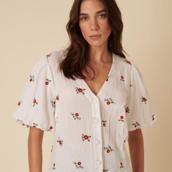Nobody's Child Women's Pure Cotton Embroidered Floral V-NeckTop - 14 - Cream, Cream