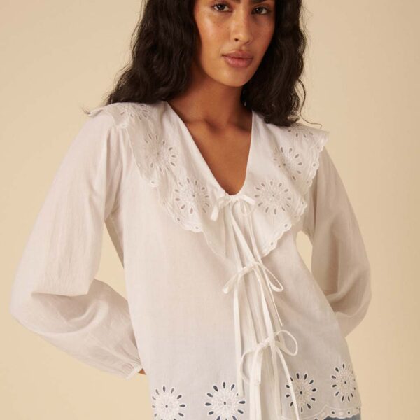 Nobody's Child Women's Pure Cotton Broderie Tie Front Blouse - 12 - White, White