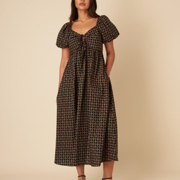 Nobody's Child Women's Pure Cotton Floral Tie Neck Midi Smock Dress - 12 - Black Mix, Black Mix