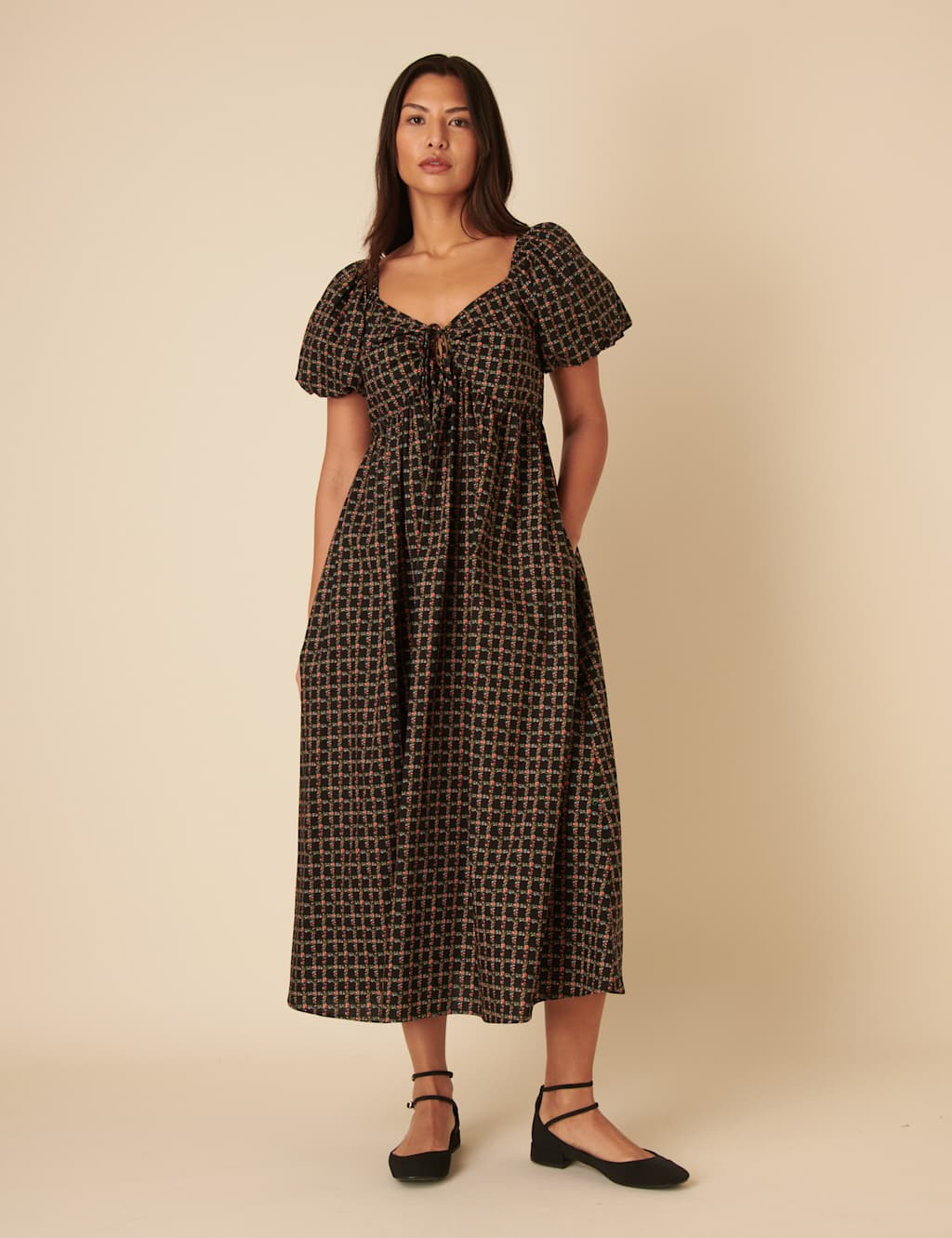 Nobody's Child Women's Pure Cotton Floral Tie Neck Midi Smock Dress - 12 - Black Mix, Black Mix