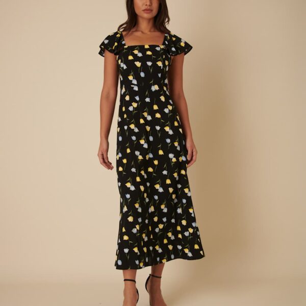 Nobody's Child Women's Floral Square Neck Midaxi Tea Dress - 10REG - Black Mix, Black Mix