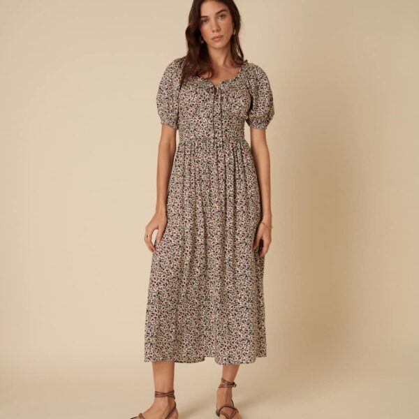 Nobody's Child Women's Ditsy Floral Tie Neck Puff Sleeve Midaxi Waisted Dress - 14REG - Cream Mix, Cream Mix