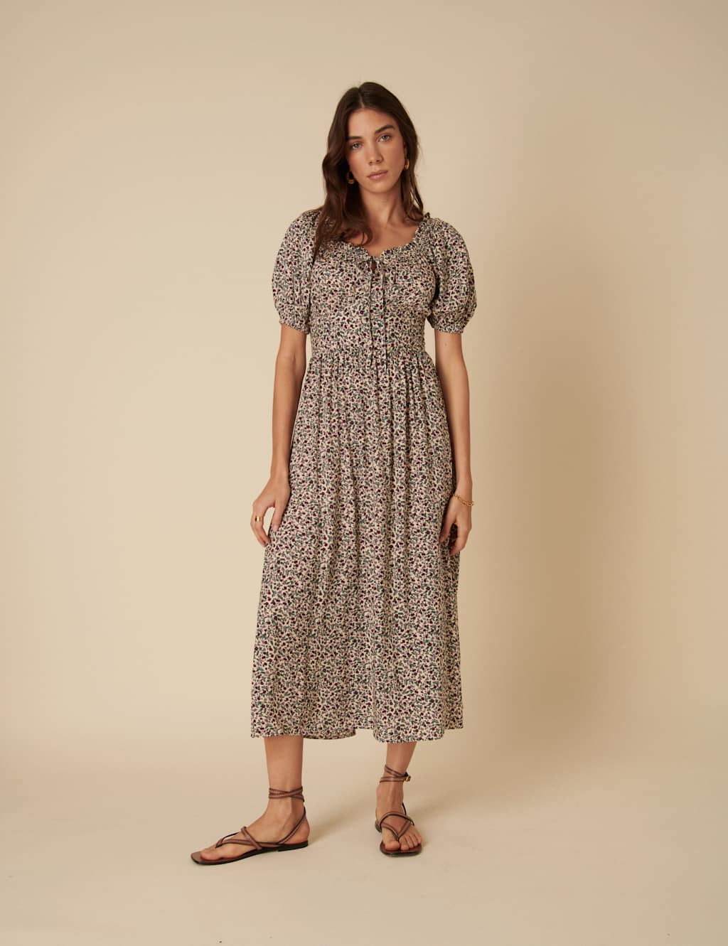 Nobody's Child Women's Ditsy Floral Tie Neck Puff Sleeve Midaxi Waisted Dress - 14REG - Cream Mix, Cream Mix