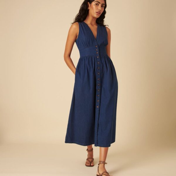 Nobody's Child Women's Denim V-Neck Button Through Midi Tea Dress - 14 - Blue, Blue