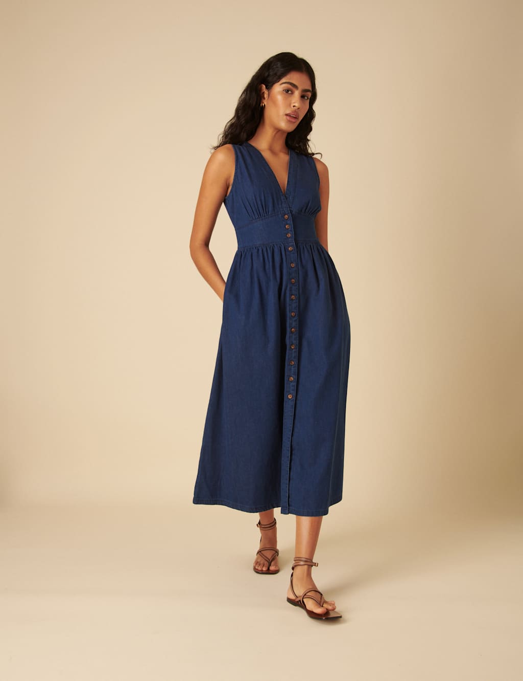 Nobody's Child Women's Denim V-Neck Button Through Midi Tea Dress - 14 - Blue, Blue