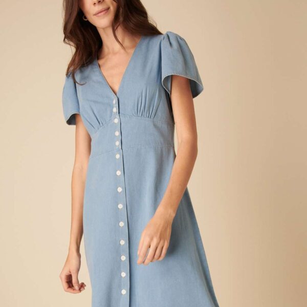 Nobody's Child Women's Pure Cotton Denim V-Neck Puff Sleeve Midi Dress - 14REG - Blue, Blue