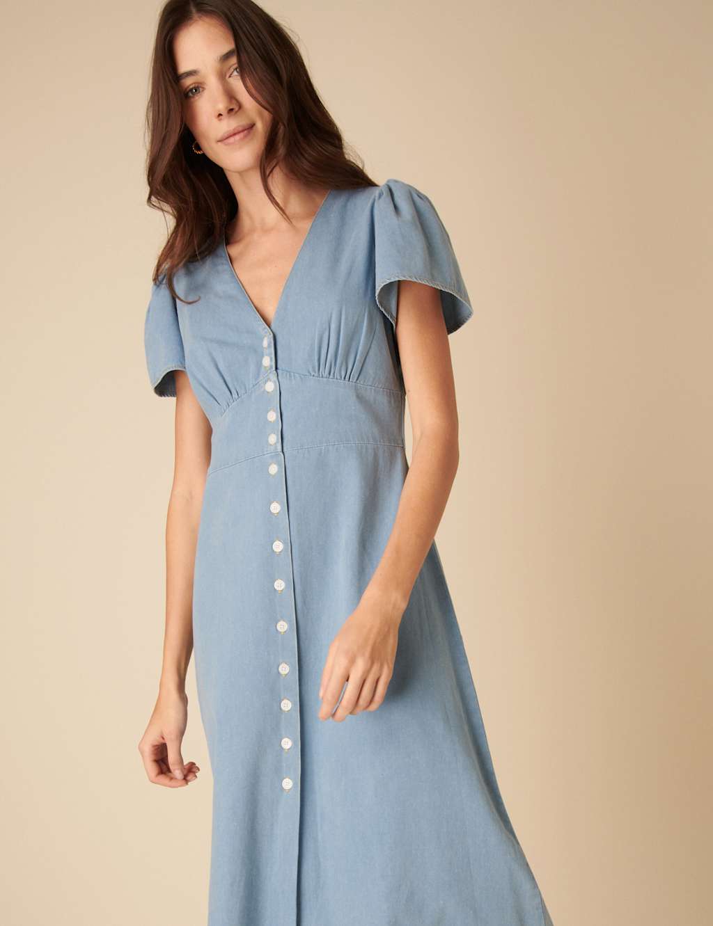 Nobody's Child Women's Pure Cotton Denim V-Neck Puff Sleeve Midi Dress - 14REG - Blue, Blue