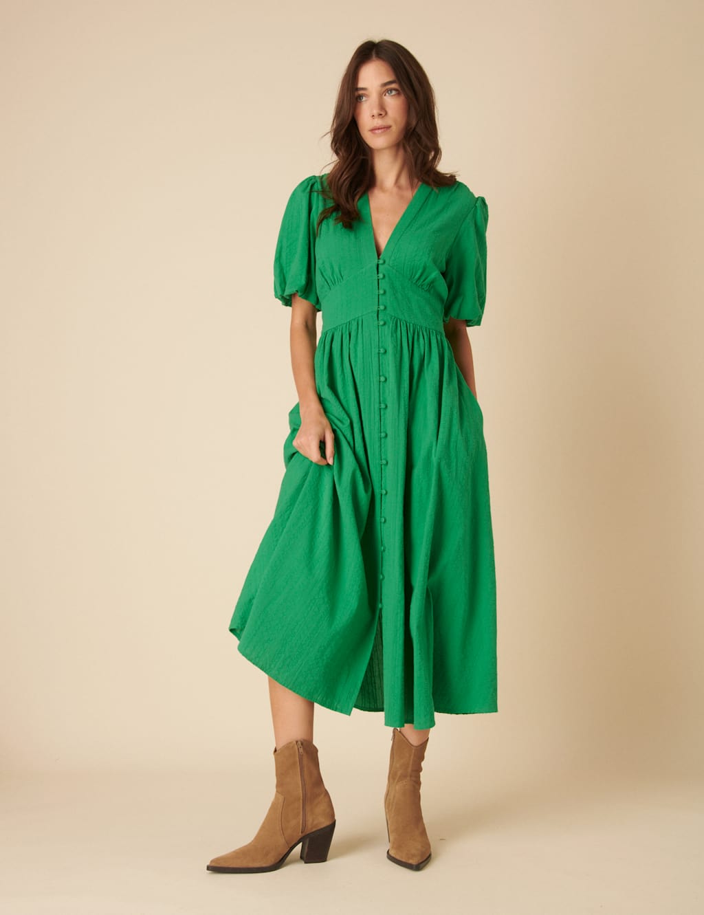 Nobody's Child Women's Pure Cotton V-Neck Midaxi Waisted Dress - 14 - Green, Green