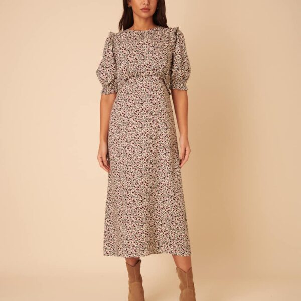 Nobody's Child Women's Ditsy Floral Frill Detail Puff Sleeve Midi Tea Dress - 16 - Cream Mix, Cream Mix