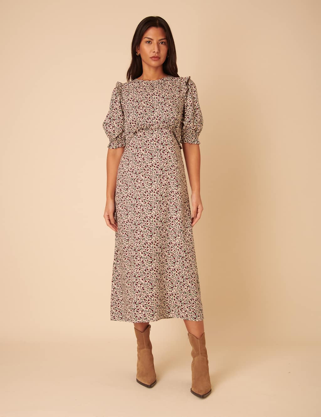 Nobody's Child Women's Ditsy Floral Frill Detail Puff Sleeve Midi Tea Dress - 16 - Cream Mix, Cream Mix