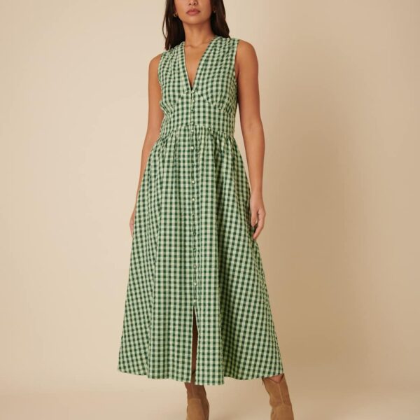Nobody's Child Women's Pure Cotton Gingham Midaxi Waisted Dress - 14 - Green Mix, Green Mix