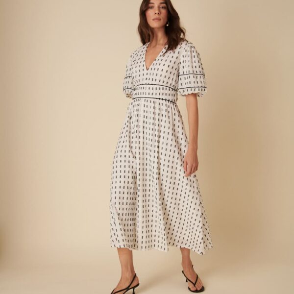 Nobody's Child Women's Pure Cotton Geometric Midi Waisted Dress - 10 - White Mix, White Mix