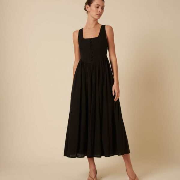 Nobody's Child Women's Square Neck Button Front Midaxi Waisted Dress with Linen - 16 - Black, Black
