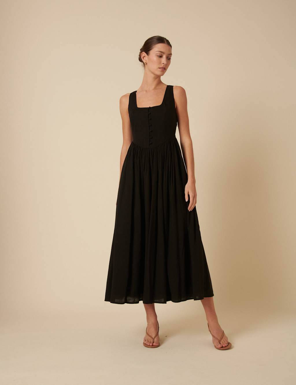 Nobody's Child Women's Square Neck Button Front Midaxi Waisted Dress with Linen - 16 - Black, Black