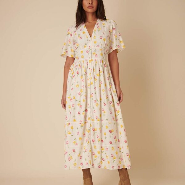 Nobody's Child Women's Pure Cotton Floral V-Neck Midaxi Waisted Dress - 12 - Cream Mix, Cream Mix
