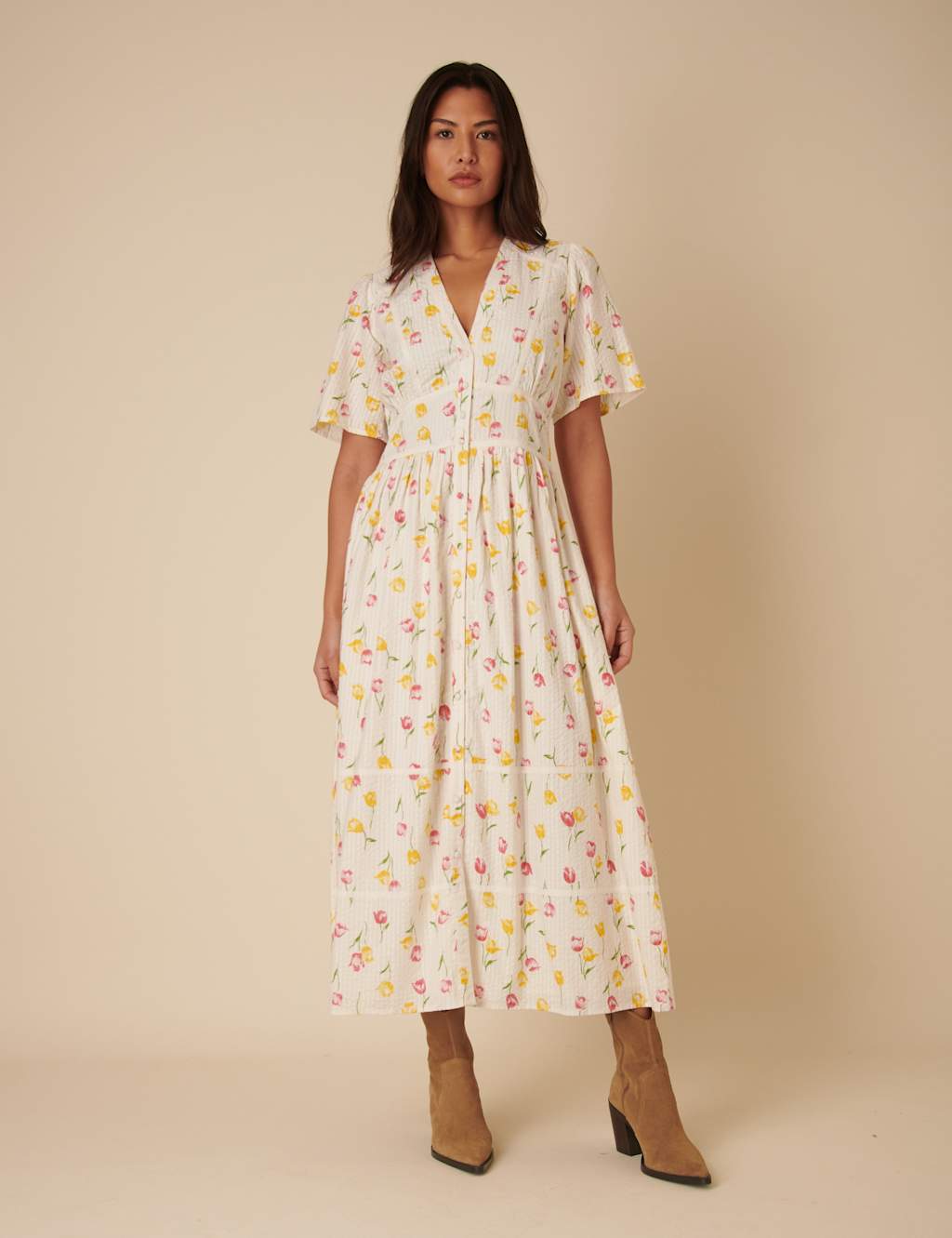 Nobody's Child Women's Pure Cotton Floral V-Neck Midaxi Waisted Dress - 12 - Cream Mix, Cream Mix