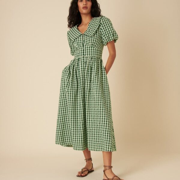 Nobody's Child Women's Pure Cotton Gingham Midaxi Waisted Dress - 8 - Green Mix, Green Mix