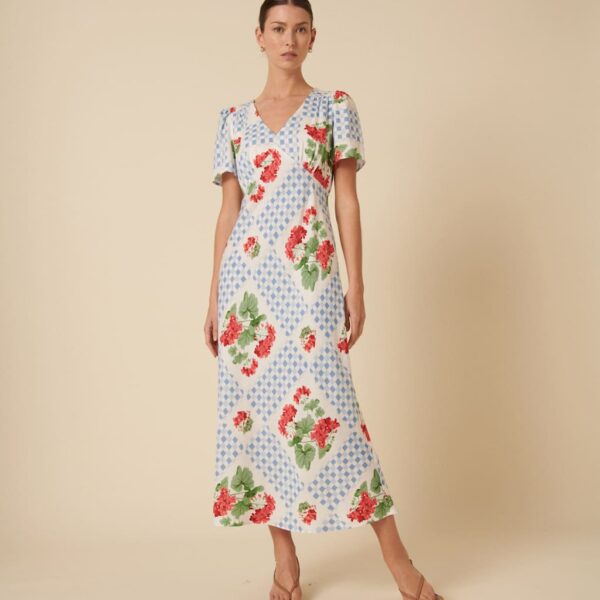 Nobody's Child Women's Floral V-Neck Puff Sleeve Midi Tea Dress - 12 - Multi, Multi