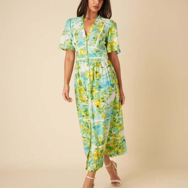 Nobody's Child Women's Pure Cotton Lemon Print V-Neck Button Front Midaxi Waisted Dress - 12 - Multi, Multi