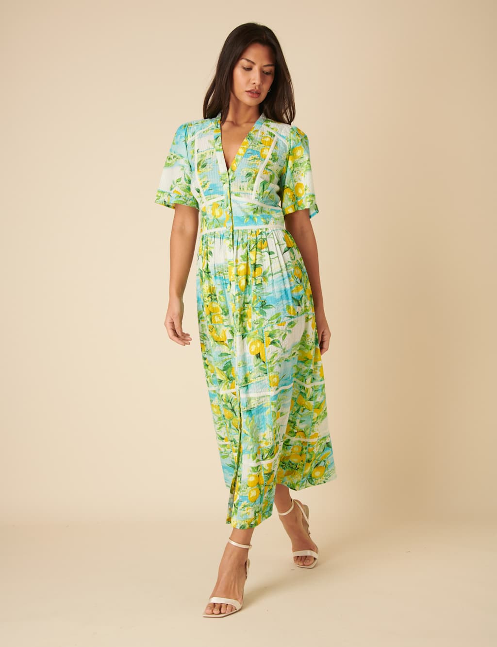 Nobody's Child Women's Pure Cotton Lemon Print V-Neck Button Front Midaxi Waisted Dress - 12 - Multi, Multi