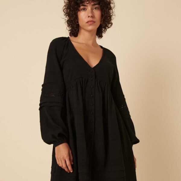 Nobody's Child Women's Pure Cotton V-Neck Button Front Mini Smock Dress - 12 - Black, Black